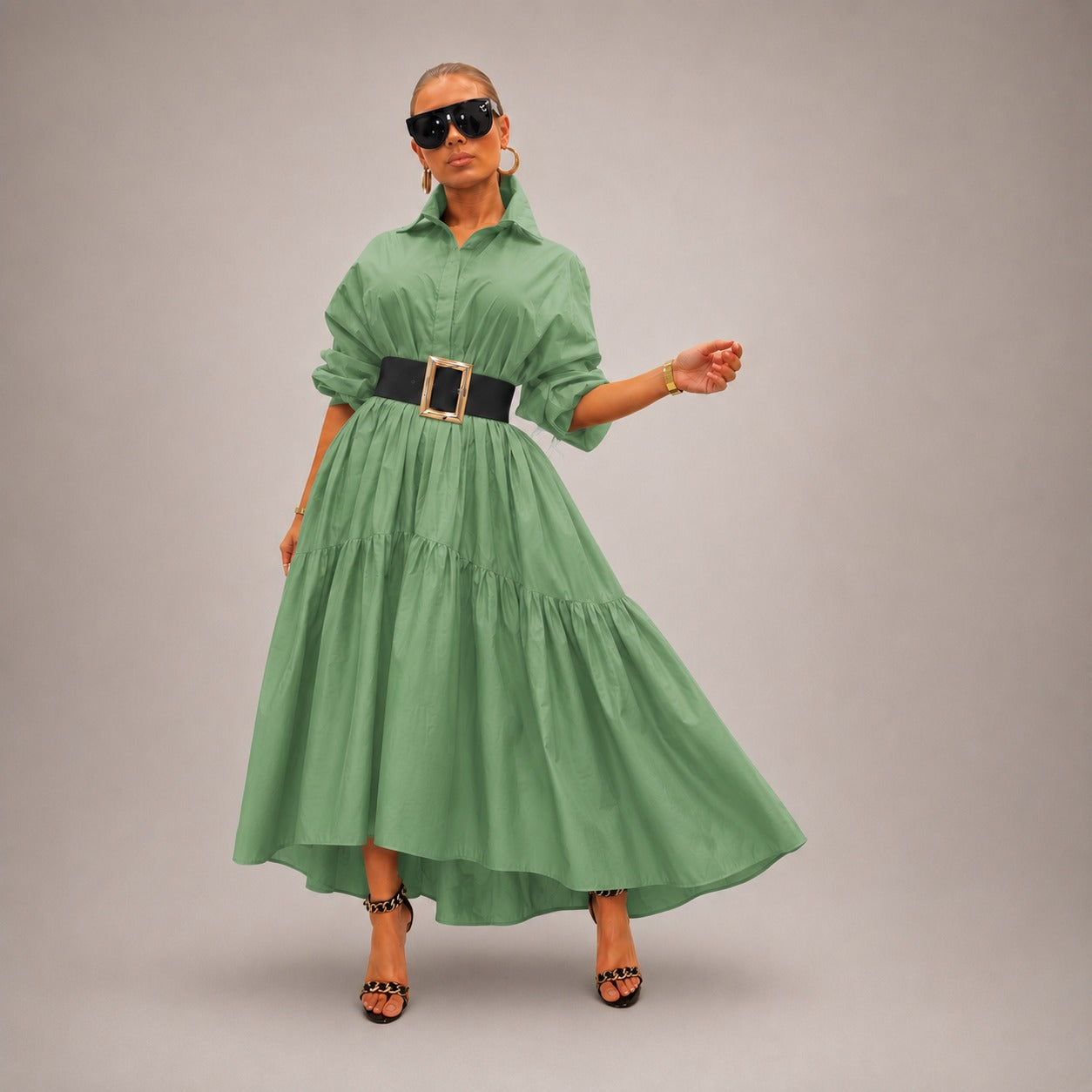 Midi Elowen™ Dress with Collared Neckline, Wide Sleeves and Flowy Silhouette