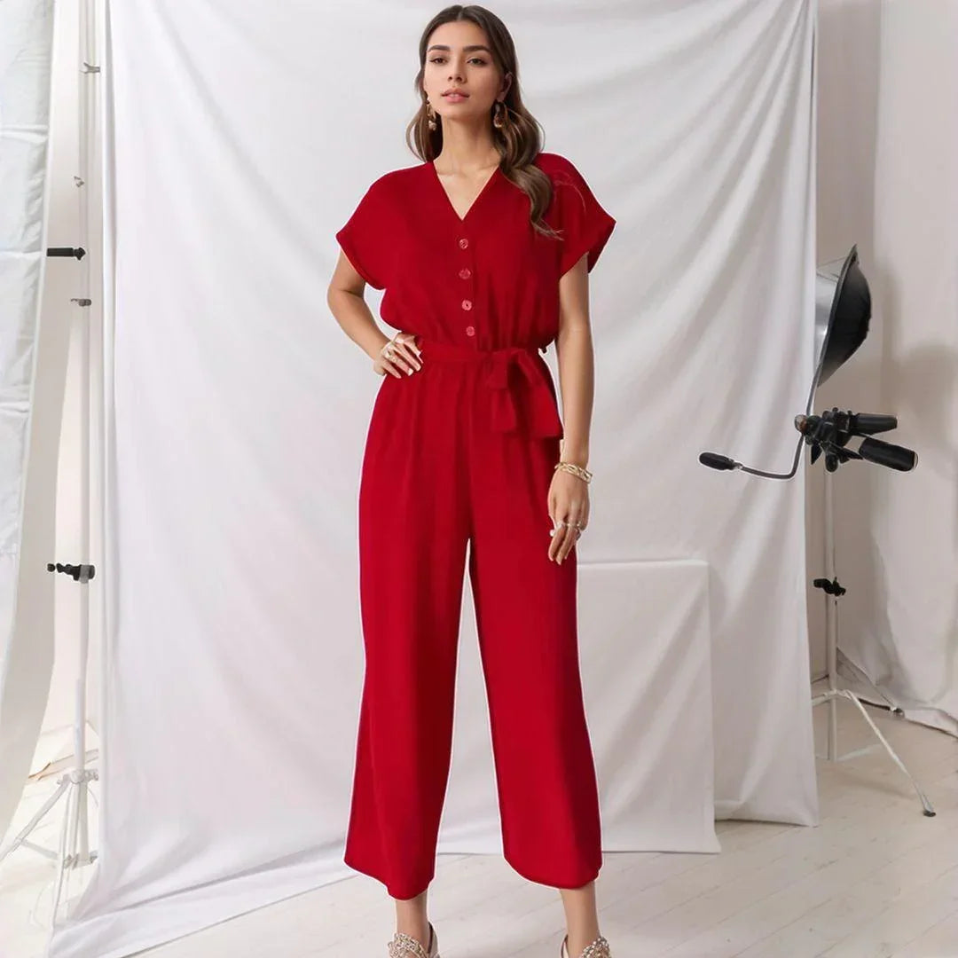 Evelyne™ Jumpsuit in Soft Fabric with Buttons and Tie Waist