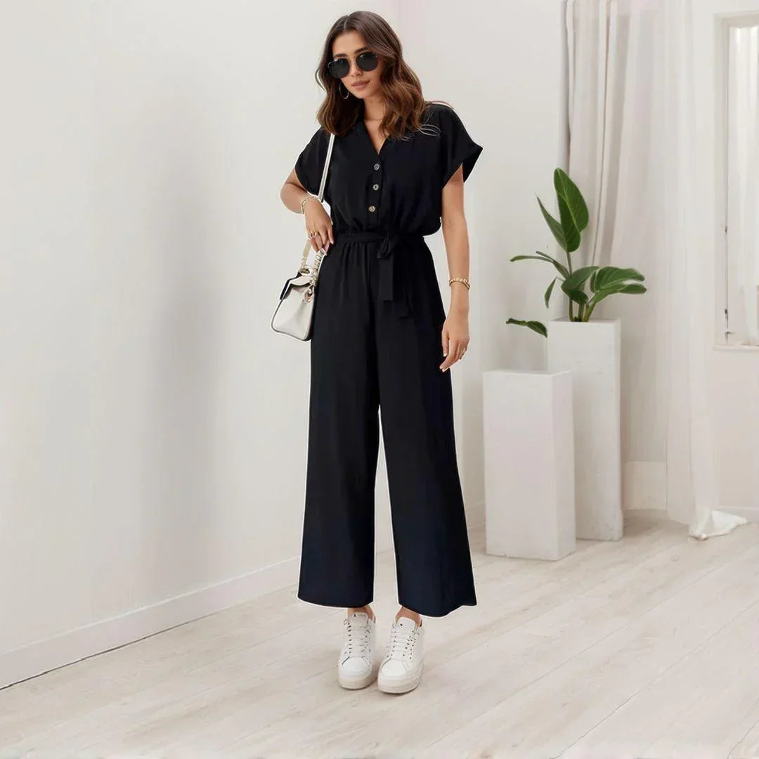 Evelyne™ Jumpsuit in Soft Fabric with Buttons and Tie Waist