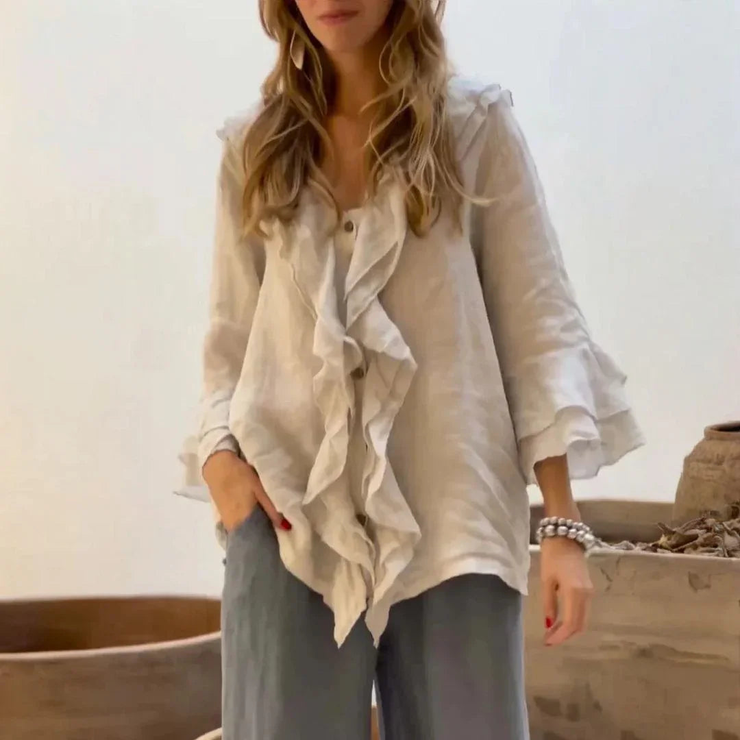 Belle Étoile™ Blouse in Cotton Linen with French Ruffles / Classic Elegance with a Touch of Sophistication!