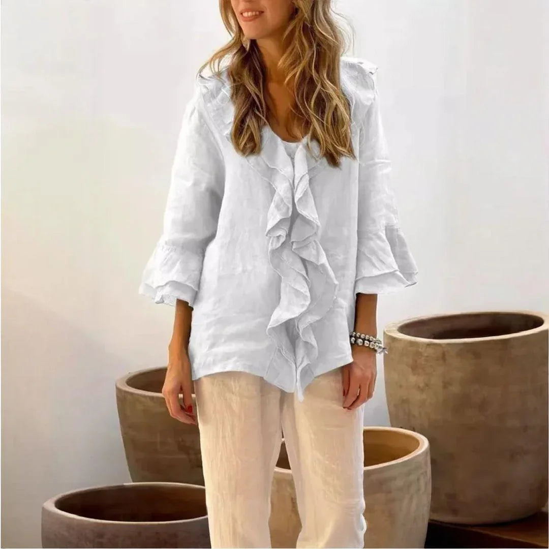 Belle Étoile™ Blouse in Cotton Linen with French Ruffles / Classic Elegance with a Touch of Sophistication!