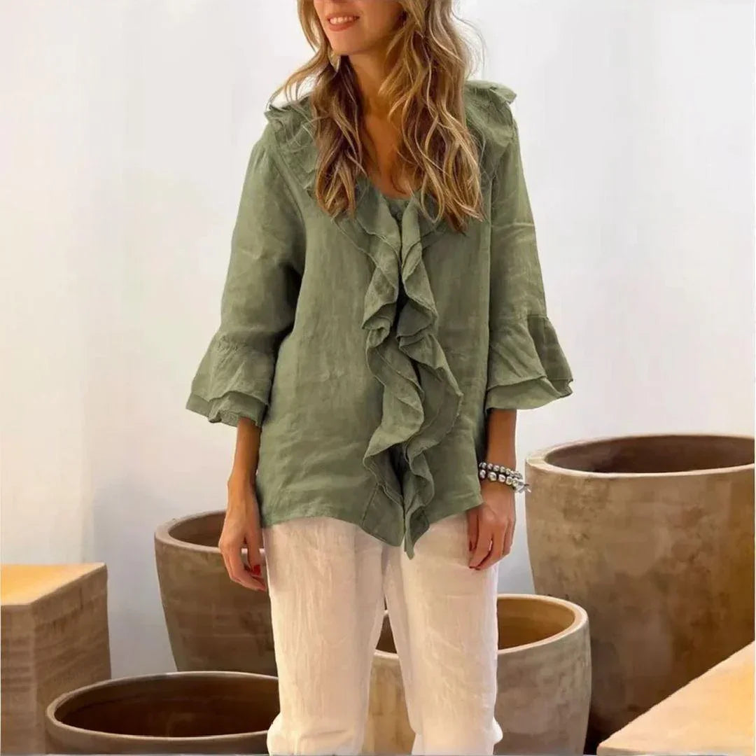 Belle Étoile™ Blouse in Cotton Linen with French Ruffles / Classic Elegance with a Touch of Sophistication!