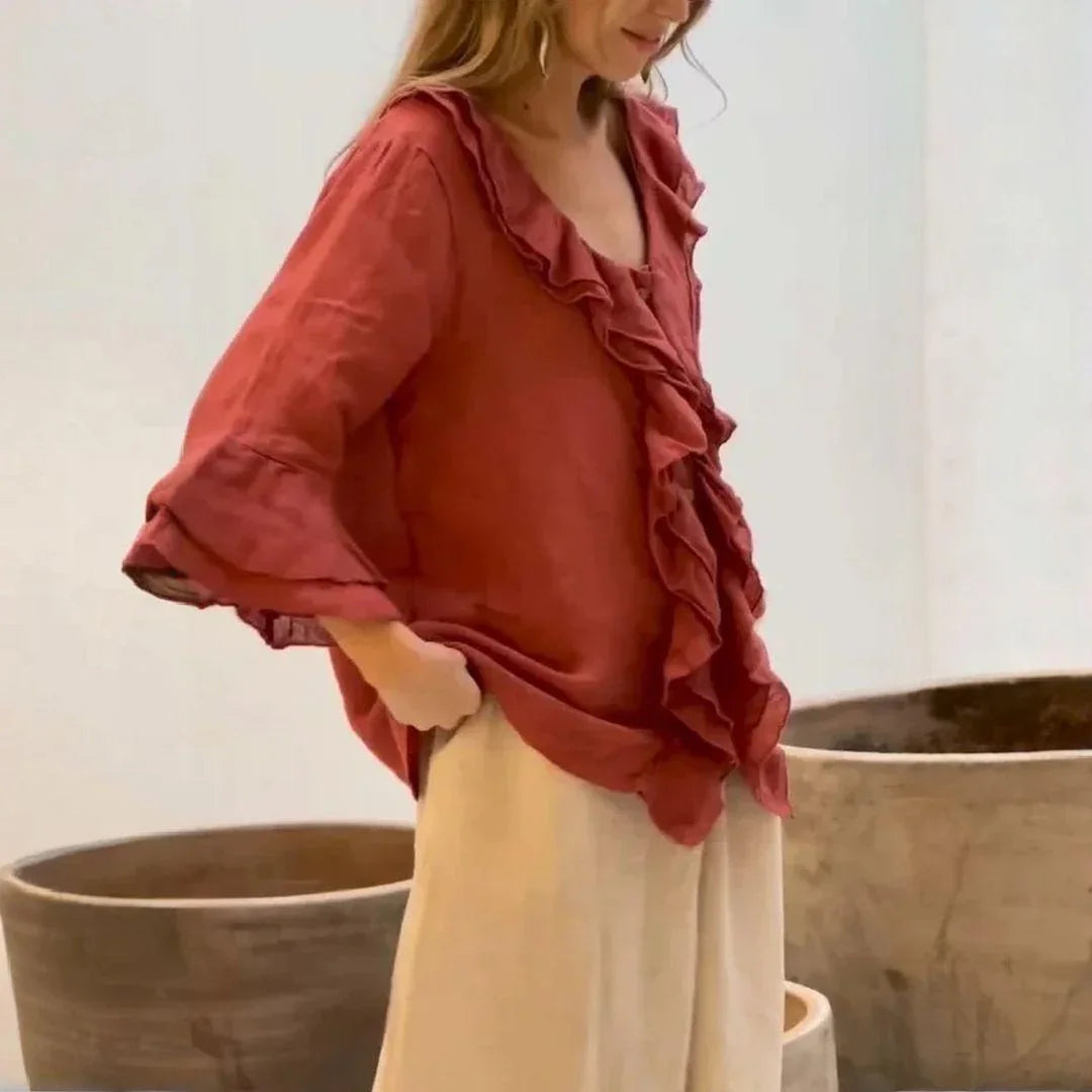 Belle Étoile™ Blouse in Cotton Linen with French Ruffles / Classic Elegance with a Touch of Sophistication!