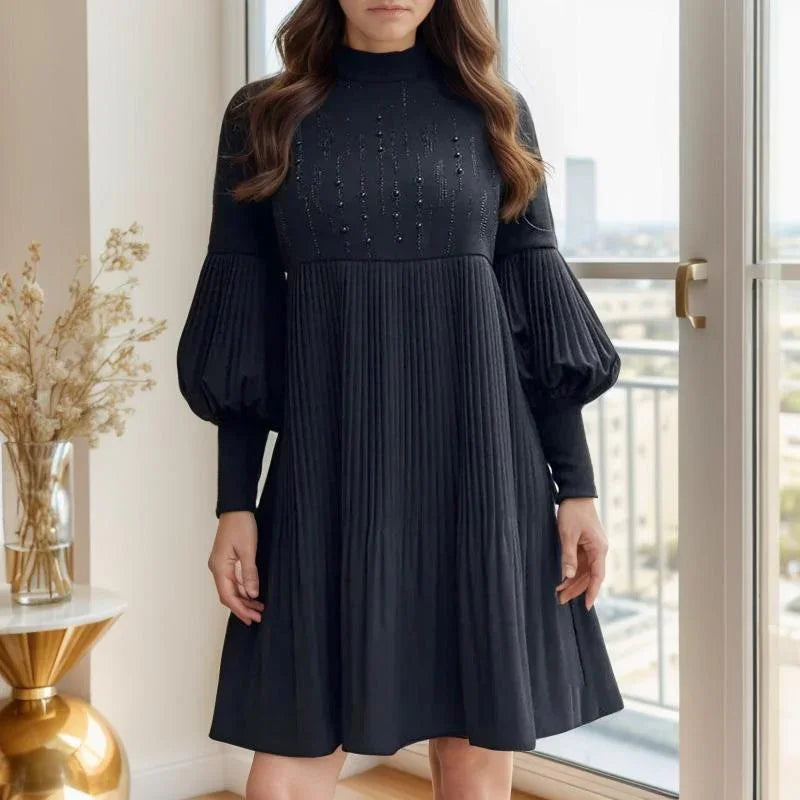 Parissey ™ Dress in Pleated Fabric with Appliquéd Puffed Sleeves / Classic Elegance to Shine on Any Occasion!