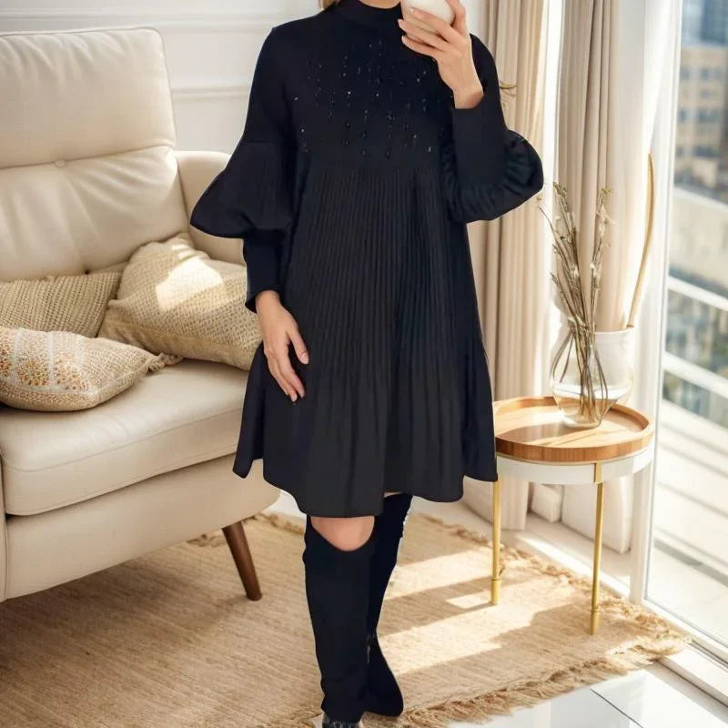 Parissey ™ Dress in Pleated Fabric with Appliquéd Puffed Sleeves / Classic Elegance to Shine on Any Occasion!