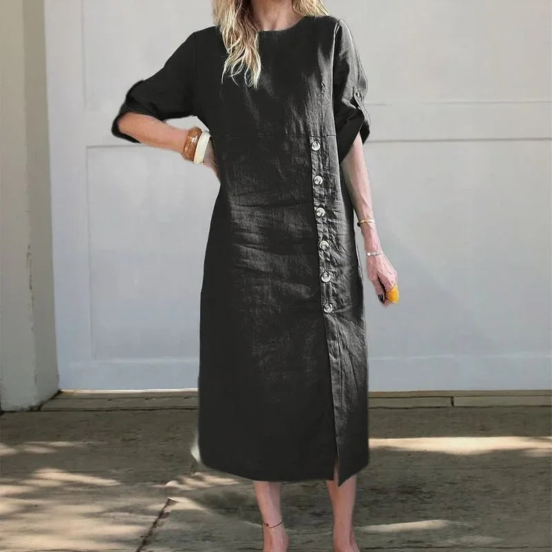 Adelie™ Cotton Linen Dress with Side Buttons and Sophisticated Slit / Movement and Elegance in the Right Measure!