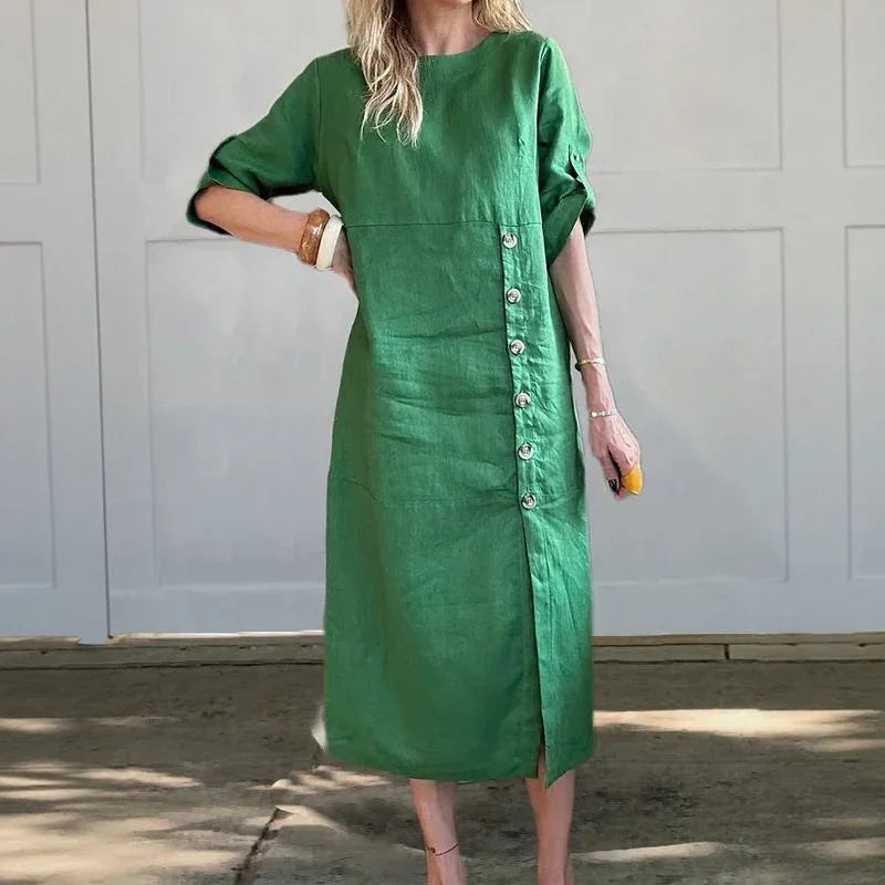 Adelie™ Cotton Linen Dress with Side Buttons and Sophisticated Slit / Movement and Elegance in the Right Measure!