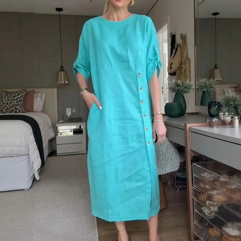 Adelie™ Cotton Linen Dress with Side Buttons and Sophisticated Slit / Movement and Elegance in the Right Measure!