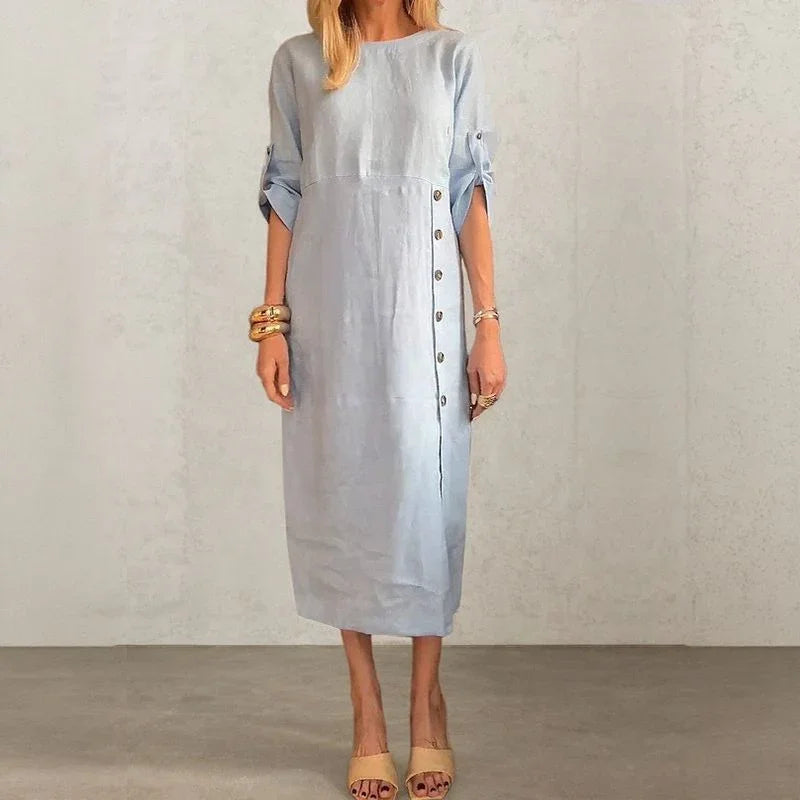 Adelie™ Cotton Linen Dress with Side Buttons and Sophisticated Slit / Movement and Elegance in the Right Measure!
