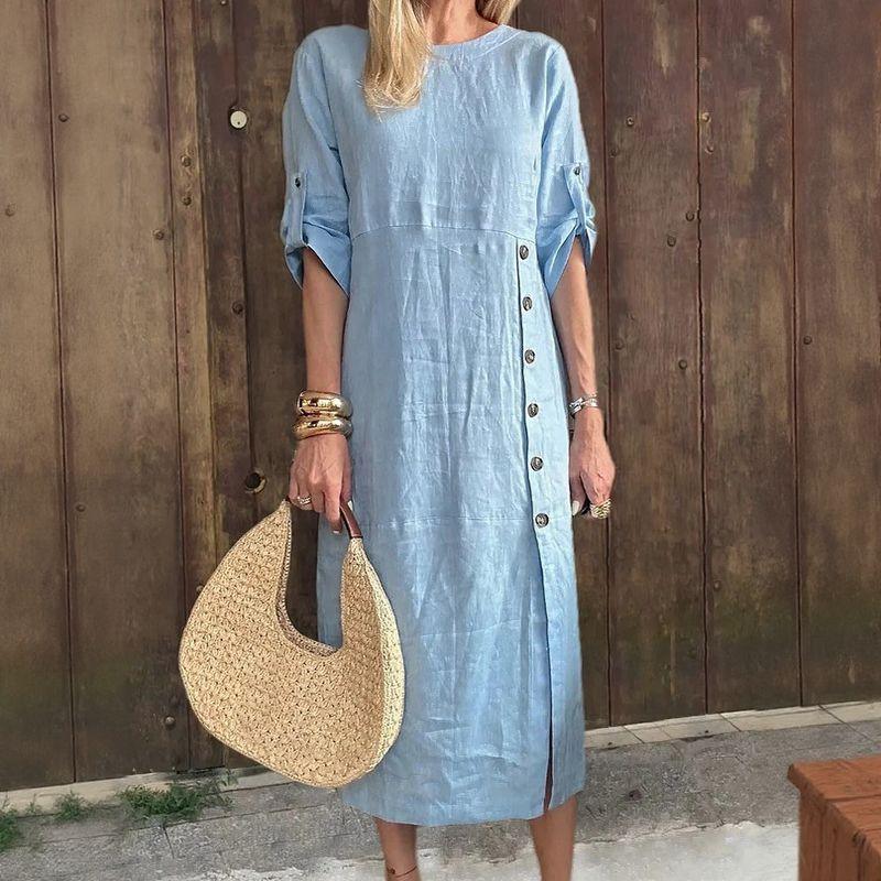 Adelie™ Cotton Linen Dress with Side Buttons and Sophisticated Slit / Movement and Elegance in the Right Measure!