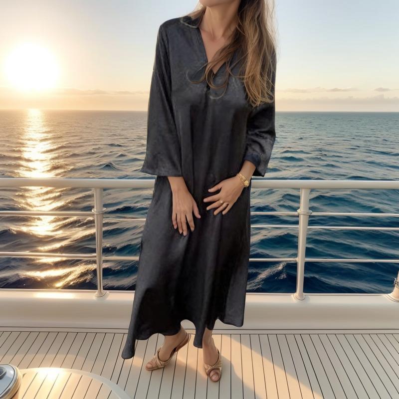 Dominique™ Satin Viscose Dress with Structured V-Neck / Minimalist Sophistication with Touches of Timeless Elegance