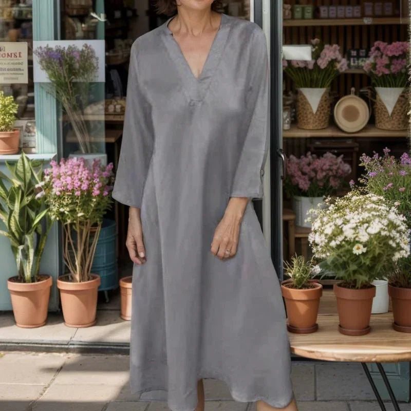 Dominique™ Satin Viscose Dress with Structured V-Neck / Minimalist Sophistication with Touches of Timeless Elegance