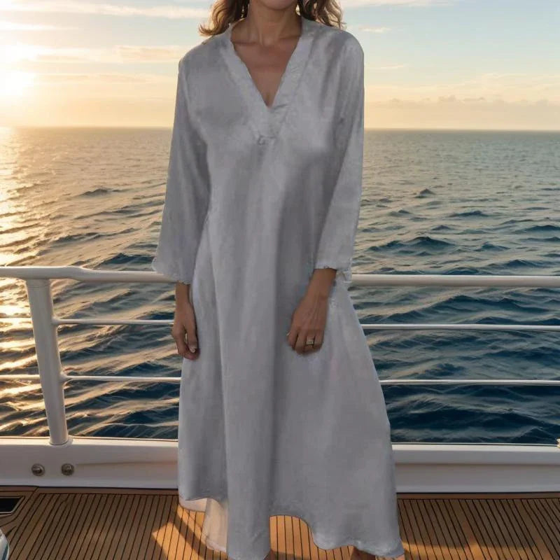 Dominique™ Satin Viscose Dress with Structured V-Neck / Minimalist Sophistication with Touches of Timeless Elegance