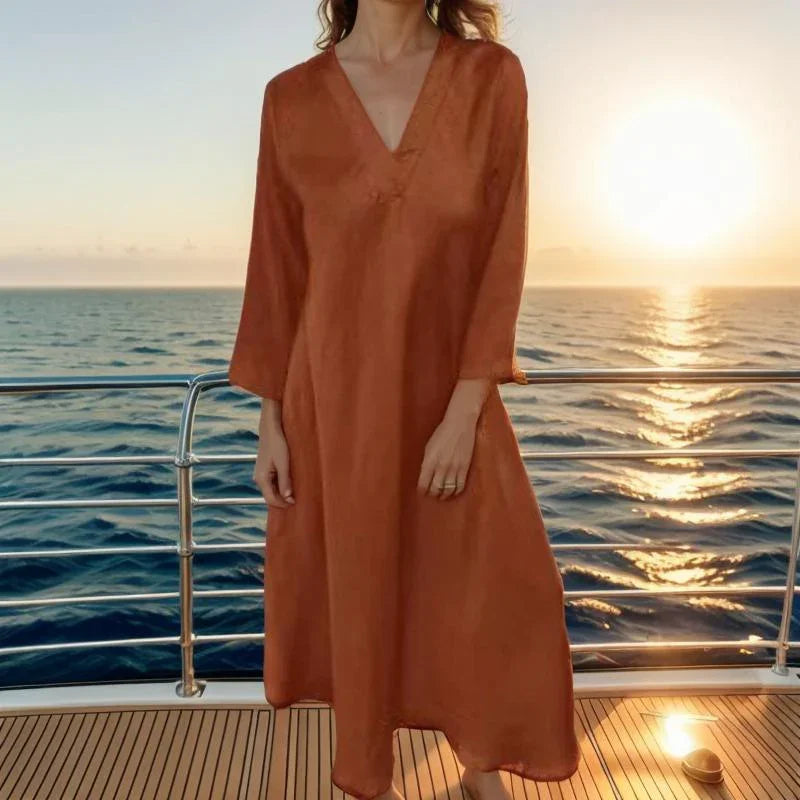 Dominique™ Satin Viscose Dress with Structured V-Neck / Minimalist Sophistication with Touches of Timeless Elegance