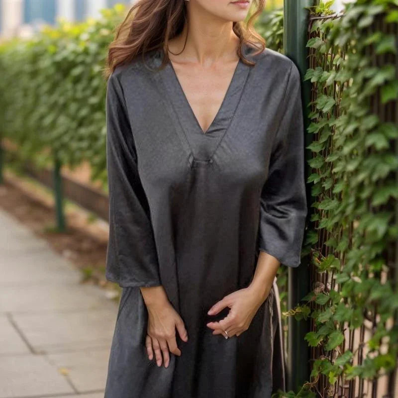 Dominique™ Satin Viscose Dress with Structured V-Neck / Minimalist Sophistication with Touches of Timeless Elegance