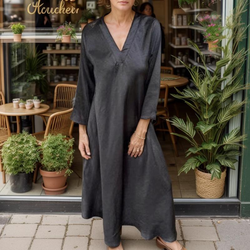 Dominique™ Satin Viscose Dress with Structured V-Neck / Minimalist Sophistication with Touches of Timeless Elegance