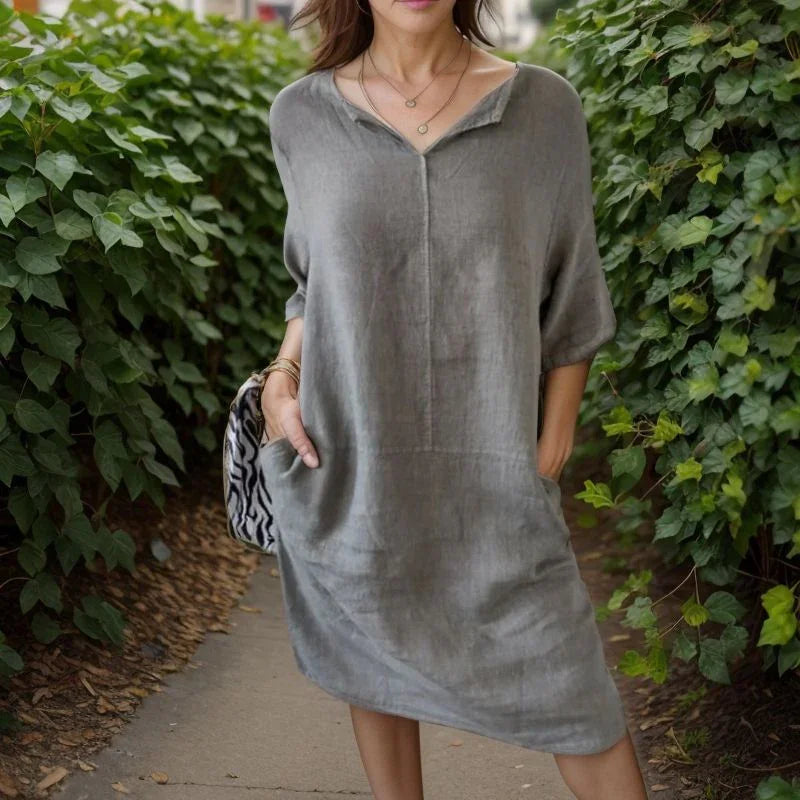 Ivanna™ Dress in Cotton Linen with Lapel V-Neck / Sophisticated Simplicity for All Hours!