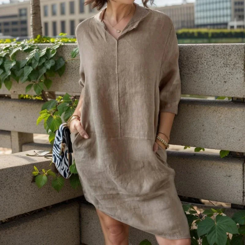 Ivanna™ Dress in Cotton Linen with Lapel V-Neck / Sophisticated Simplicity for All Hours!