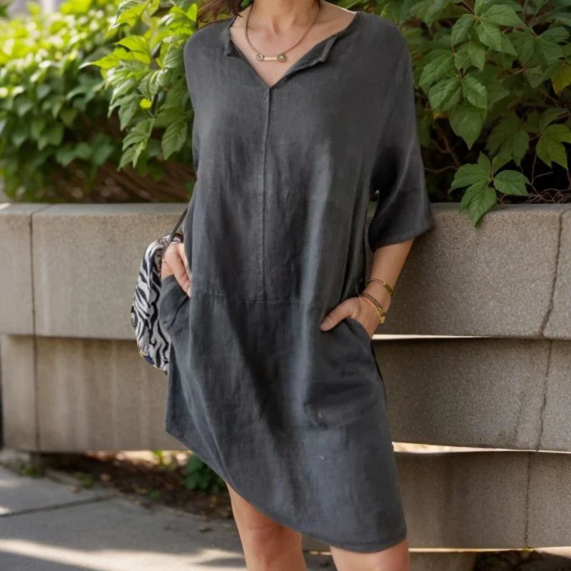 Ivanna™ Dress in Cotton Linen with Lapel V-Neck / Sophisticated Simplicity for All Hours!