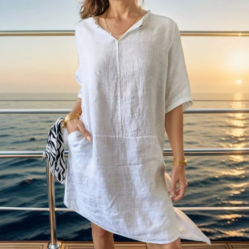Ivanna™ Dress in Cotton Linen with Lapel V-Neck / Sophisticated Simplicity for All Hours!