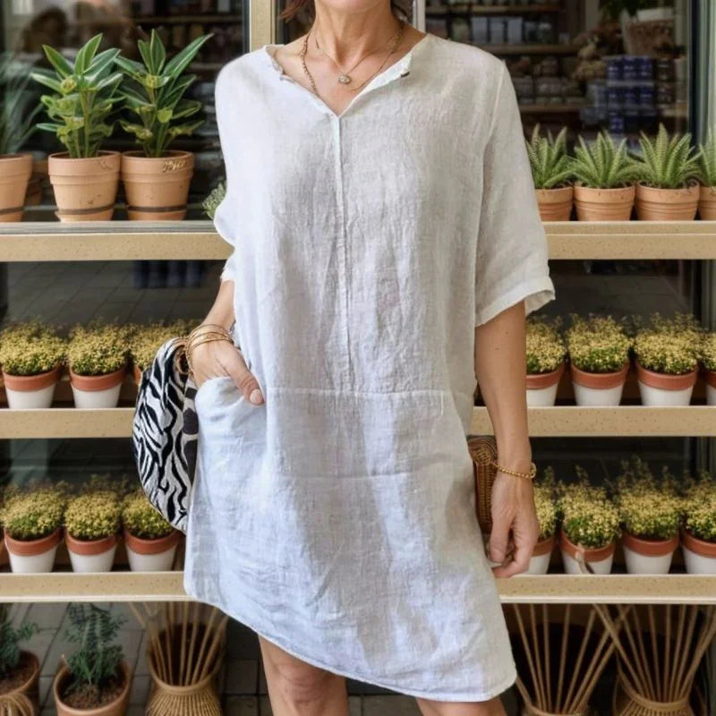 Ivanna™ Dress in Cotton Linen with Lapel V-Neck / Sophisticated Simplicity for All Hours!