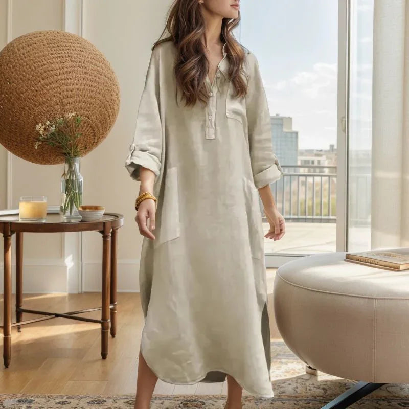 Ellorah™ Linen Dress with Natural Buttons and Flowing Silhouette / Freedom and Elegance for Those Who Live at Their Own Pace!