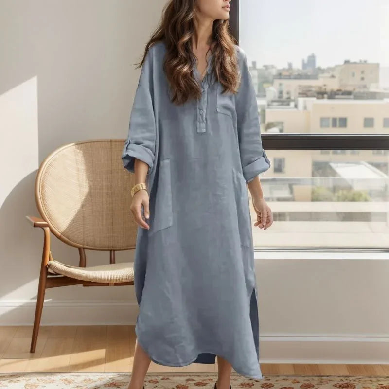 Ellorah™ Linen Dress with Natural Buttons and Flowing Silhouette / Freedom and Elegance for Those Who Live at Their Own Pace!