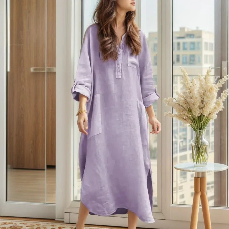 Ellorah™ Linen Dress with Natural Buttons and Flowing Silhouette / Freedom and Elegance for Those Who Live at Their Own Pace!