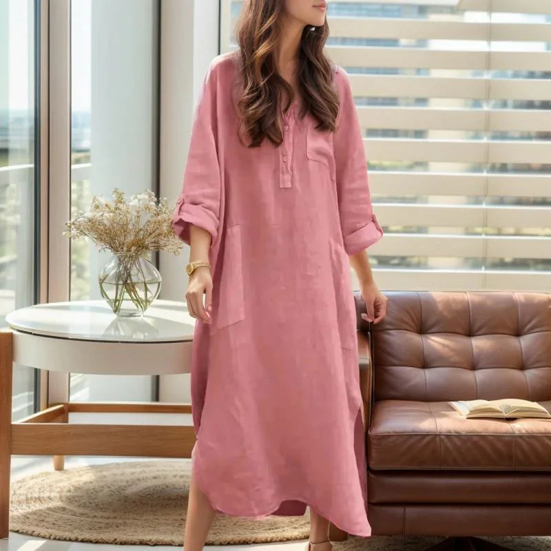 Ellorah™ Linen Dress with Natural Buttons and Flowing Silhouette / Freedom and Elegance for Those Who Live at Their Own Pace!