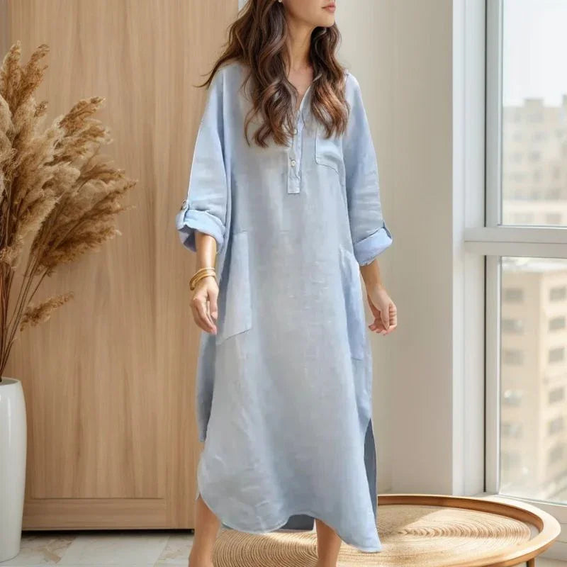 Ellorah™ Linen Dress with Natural Buttons and Flowing Silhouette / Freedom and Elegance for Those Who Live at Their Own Pace!