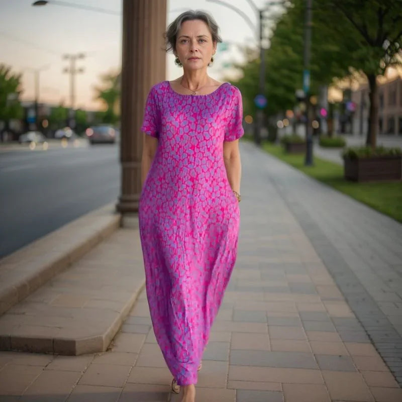 Sunset Bliss™ Dress with Vibrant Print and Rhinestones on the Neckline / For women who radiate style and joy wherever they go!