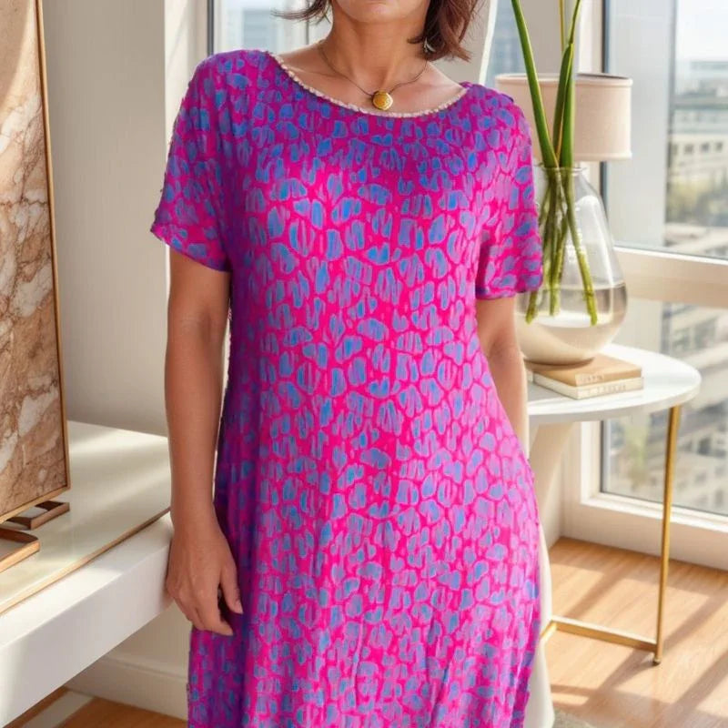 Sunset Bliss™ Dress with Vibrant Print and Rhinestones on the Neckline / For women who radiate style and joy wherever they go!