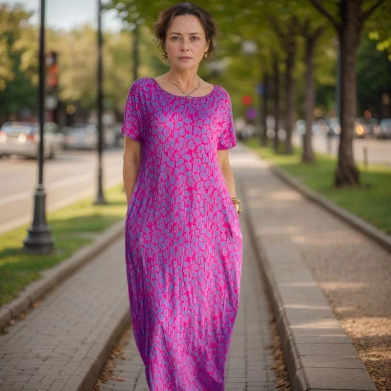 Sunset Bliss™ Dress with Vibrant Print and Rhinestones on the Neckline / For women who radiate style and joy wherever they go!