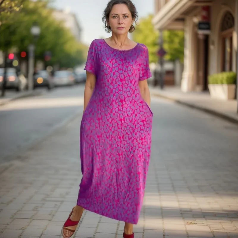 Sunset Bliss™ Dress with Vibrant Print and Rhinestones on the Neckline / For women who radiate style and joy wherever they go!