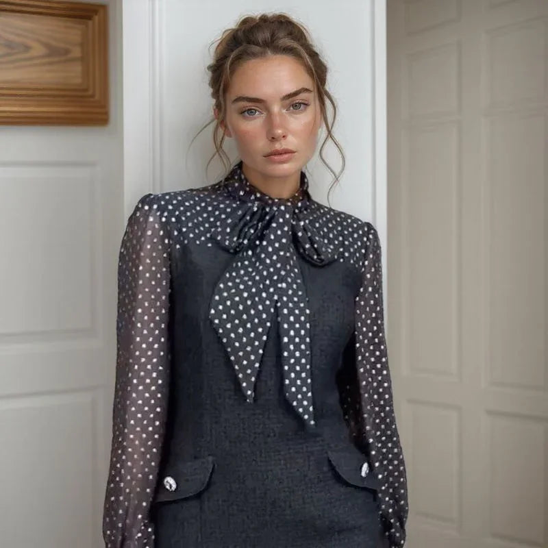 Noelita™ Dress with Bow Neck and Translucent Sleeves / The Refined Classic at its Best!