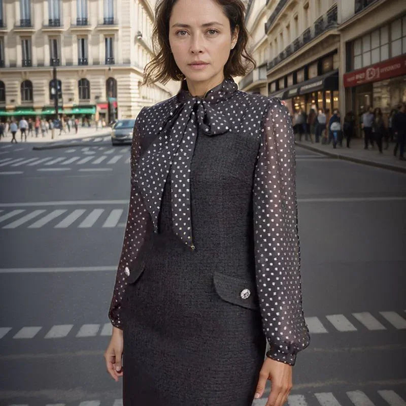 Noelita™ Dress with Bow Neck and Translucent Sleeves / The Refined Classic at its Best!