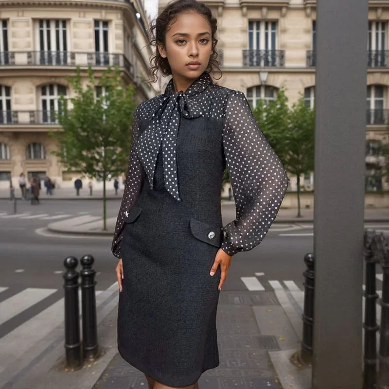 Noelita™ Dress with Bow Neck and Translucent Sleeves / The Refined Classic at its Best!