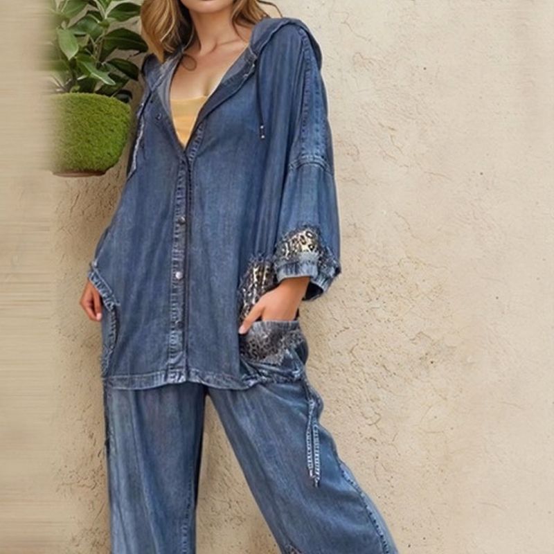 Leona Grace™ Set in Washed Denim with Leopard Print / A Wild, Sophisticated, and Unusual Look!