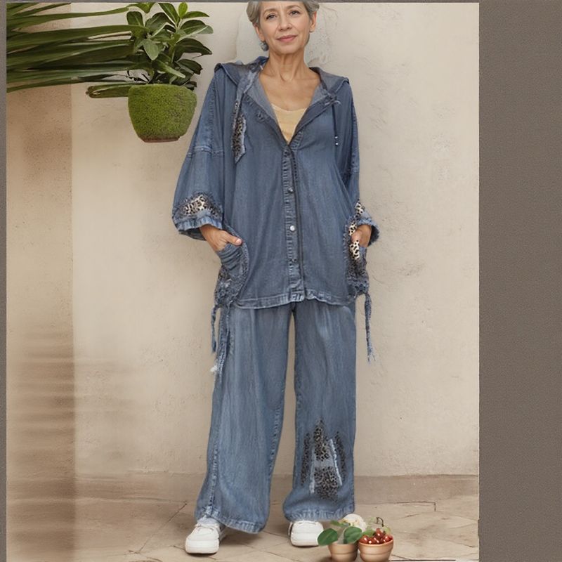 Leona Grace™ Set in Washed Denim with Leopard Print / A Wild, Sophisticated, and Unusual Look!