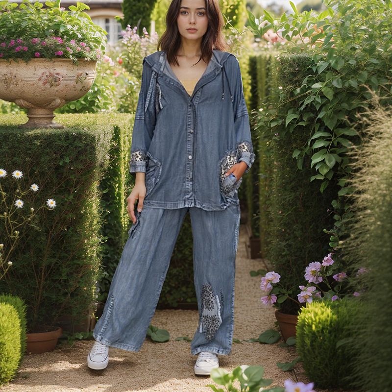 Leona Grace™ Set in Washed Denim with Leopard Print / A Wild, Sophisticated, and Unusual Look!