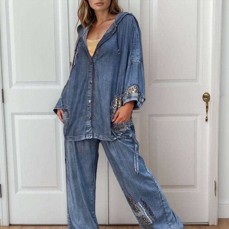 Leona Grace™ Set in Washed Denim with Leopard Print / A Wild, Sophisticated, and Unusual Look!