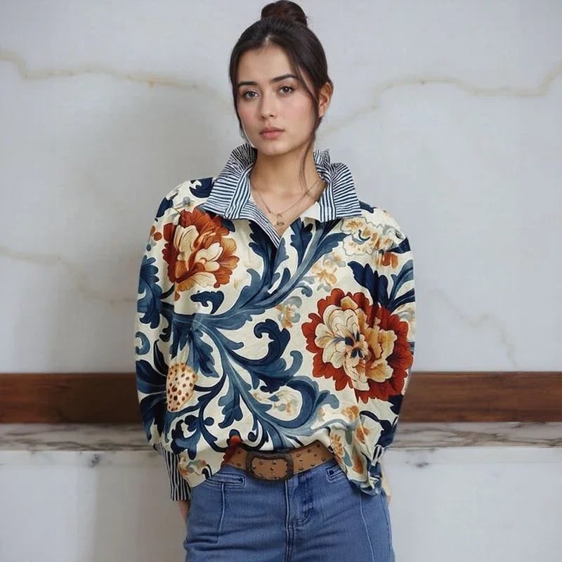 Allura™ Blouse with Striped Shirt Collar and Riviera-inspired Artistic Print / Where Casual Style Meets Artisanal Refinement!