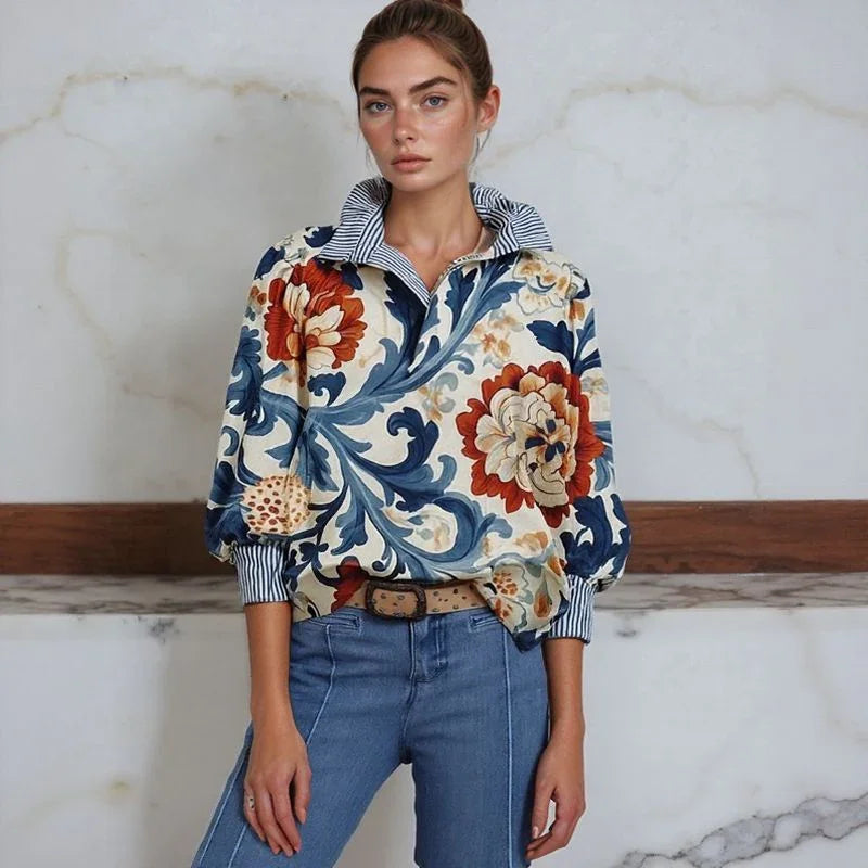 Allura™ Blouse with Striped Shirt Collar and Riviera-inspired Artistic Print / Where Casual Style Meets Artisanal Refinement!