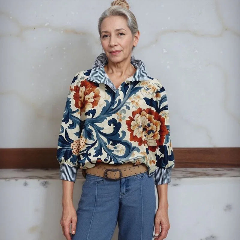 Allura™ Blouse with Striped Shirt Collar and Riviera-inspired Artistic Print / Where Casual Style Meets Artisanal Refinement!