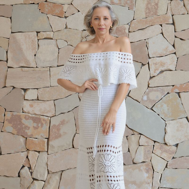 Santorini™ Set in Handcrafted Crochet with Off-the-Shoulder Top / A Touch of Mediterranean Romance with Luxurious Finishing