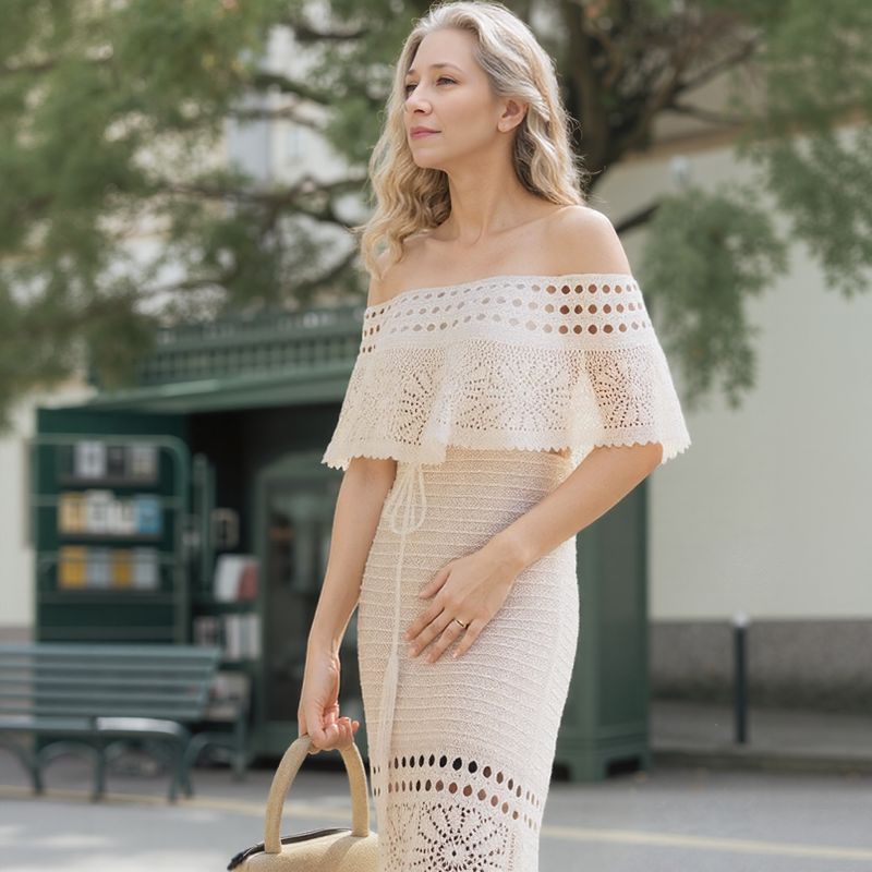 Santorini™ Set in Handcrafted Crochet with Off-the-Shoulder Top / A Touch of Mediterranean Romance with Luxurious Finishing