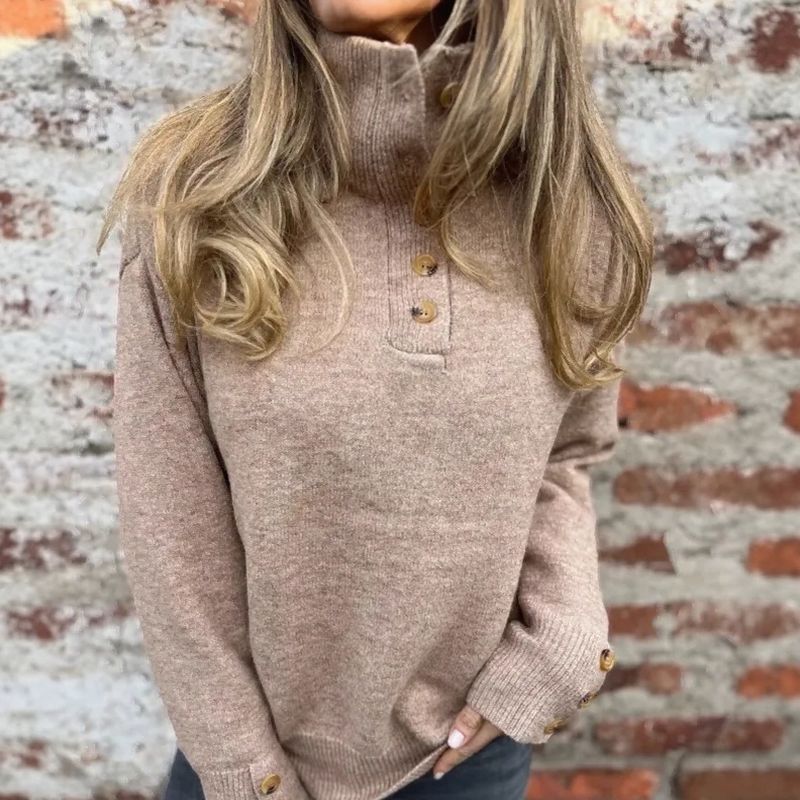 Women's Premium Knit Sweater with High Collar and Elegant Buttons / Warm and Sophisticated Minimalism!