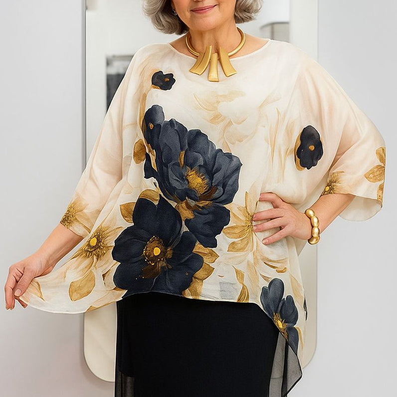 GoldLine™ Blouse with Stunning Floral Print and Wide Sleeves / Timeless Sophistication in Every Movement!