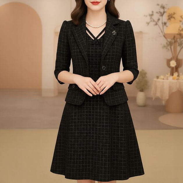 Victoire™ Set with Structured Blazer & Dress with Ornamental Neckline / Presence, Style & Timeless Sophistication!