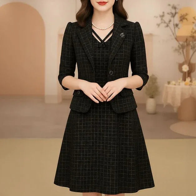 Victoire™ Set with Structured Blazer & Dress with Ornamental Neckline / Presence, Style & Timeless Sophistication!